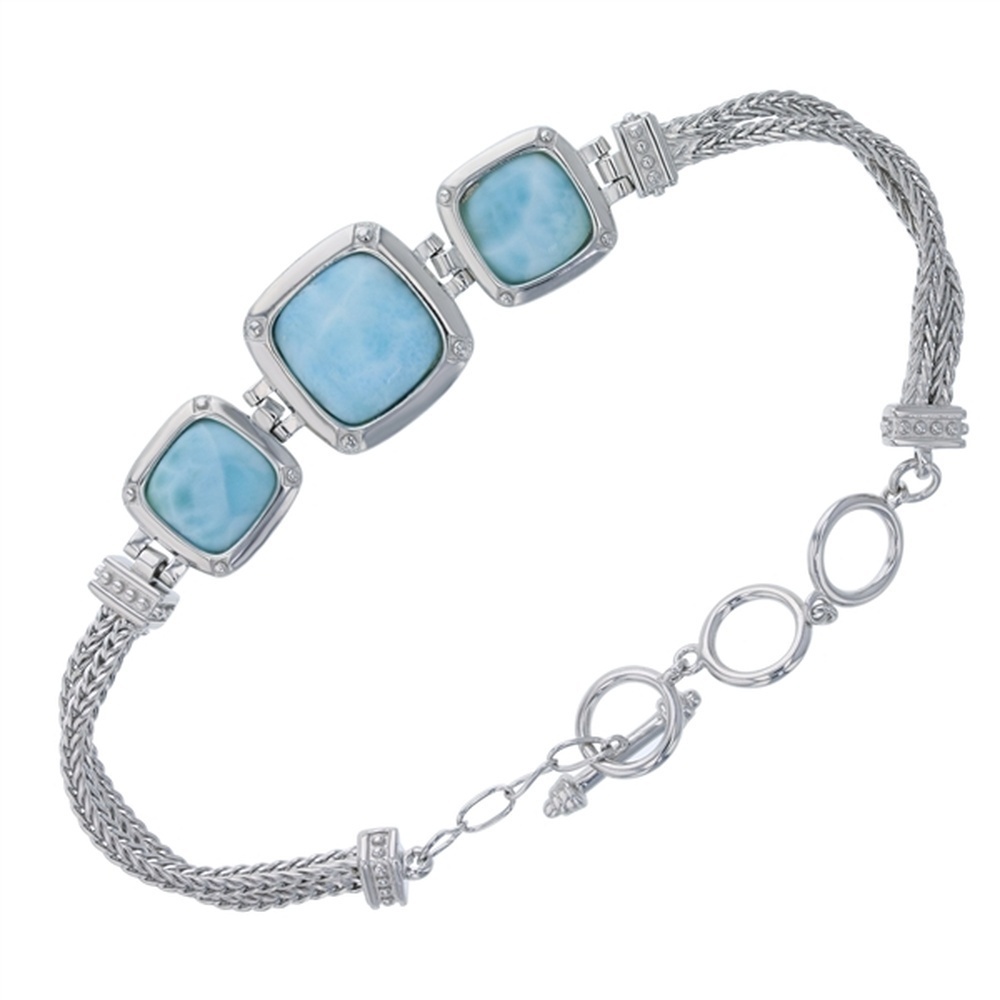 925 Sterling Silver Larimar Triple Square Framed w 2 Strand Toggle Bracelet